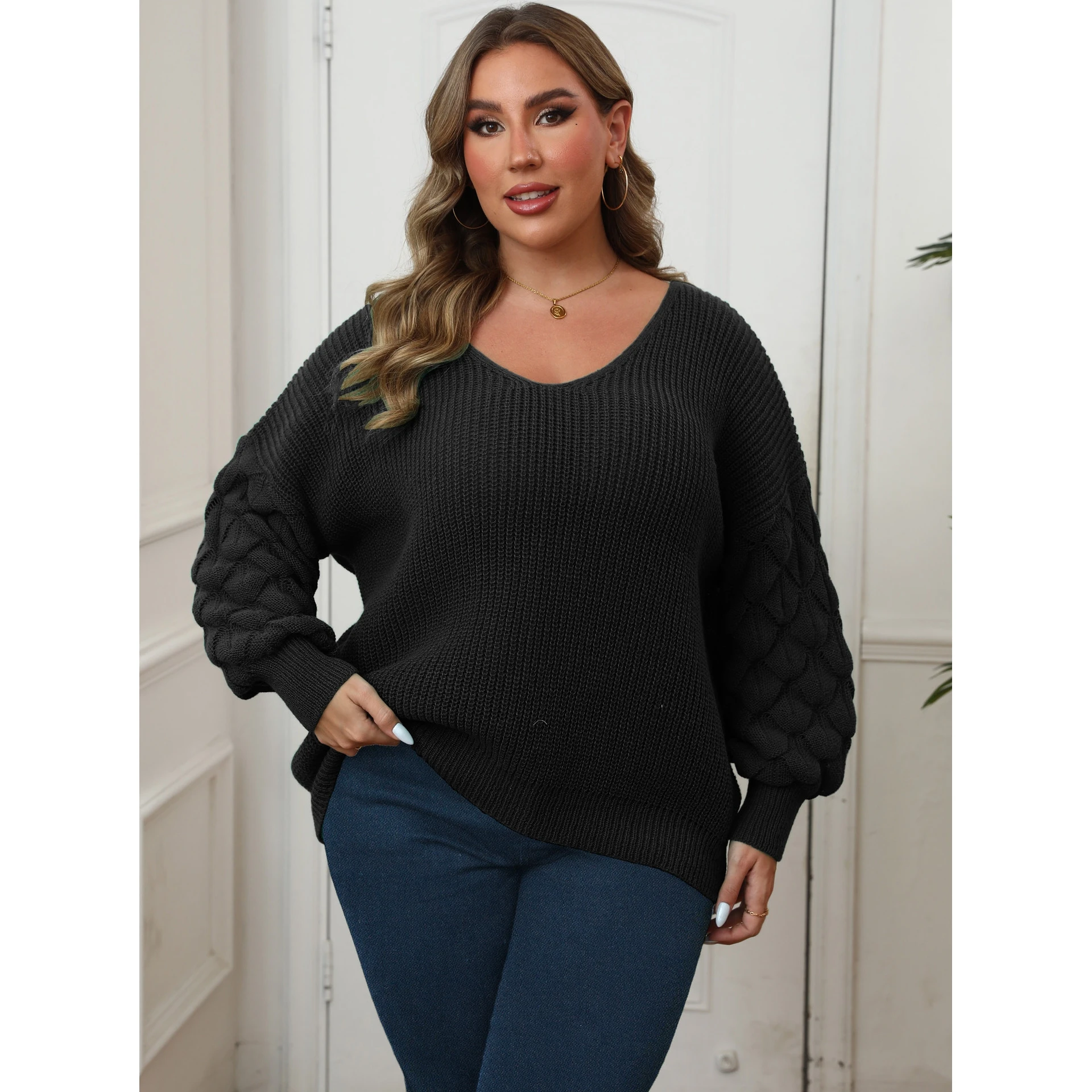 plus Size Women's Knitwear Deep V Neck Pineapple Sleeve Turtleneck Casual Overhead Shirt Machine Woven Patchwork Ladies Top