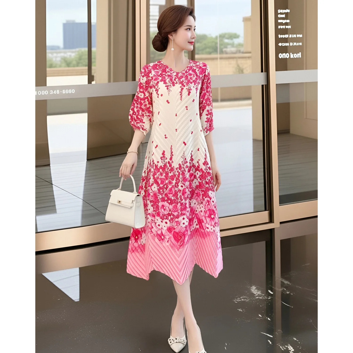 

Miyake French Print Dress Women's Summer Seaside Vacation Skirt Mid-length Waist Slimming Plus Size Mother Pleated Skirt