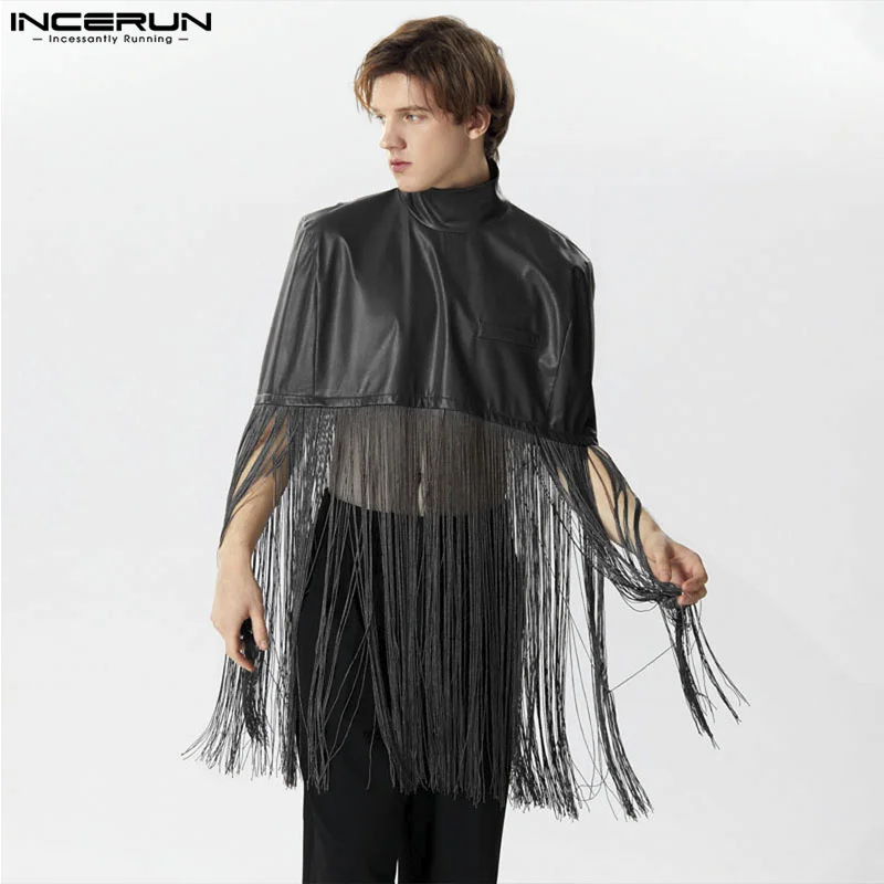 

2024 Men Cloak Coats PU Leather Tassel Patchwork Turtleneck Coats Men Streetwear Fashion Casual Irregular Trench Ponchos INCERUN