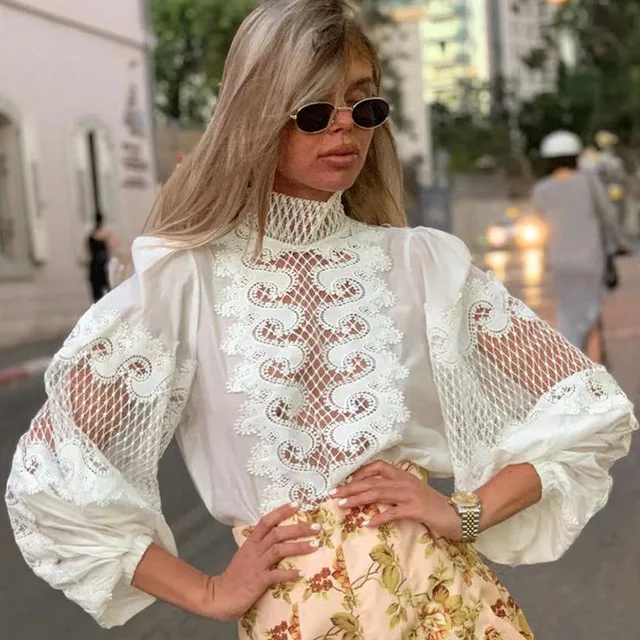 

Faionable Heavy Embroidery Hollow out Stand Collar Bubble Sve Asymmetrical Pattern Women's irt New 2024 Sle