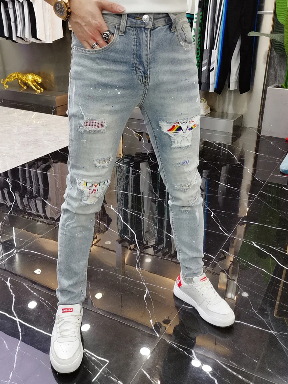 Luxury Clothing Autumn Trend Patch Ripped Embroidered Jeans Men's Slim Trend Teen Ruffian Handsome Trousers Work Pants Men