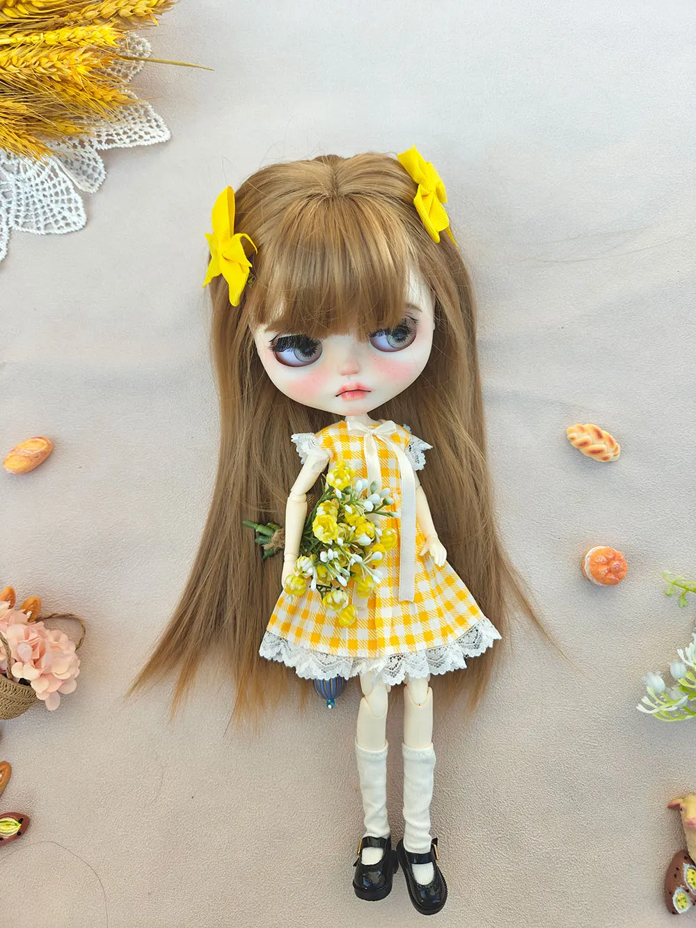NEW Blythe Doll Clothes  blythe clothing  Classic  Lemon yellow plaid dress Handmade OB22 OB24 AZONE Accessories blythe clothes