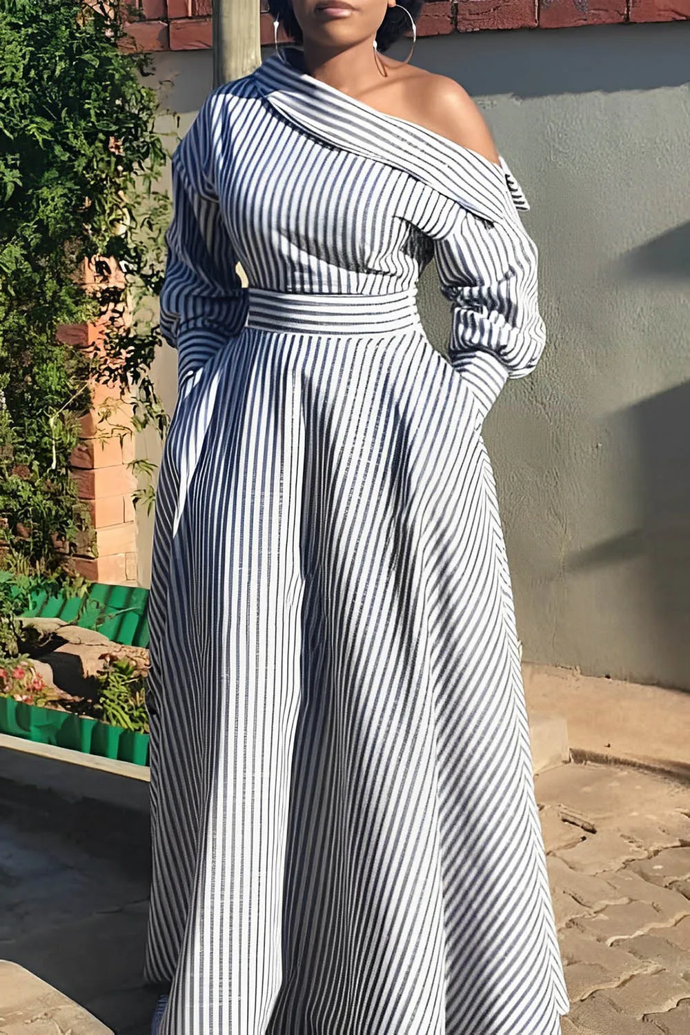 

Plus Size Casual Dress Ash Stripe Oblique Collar Maxi Dress With Pocket