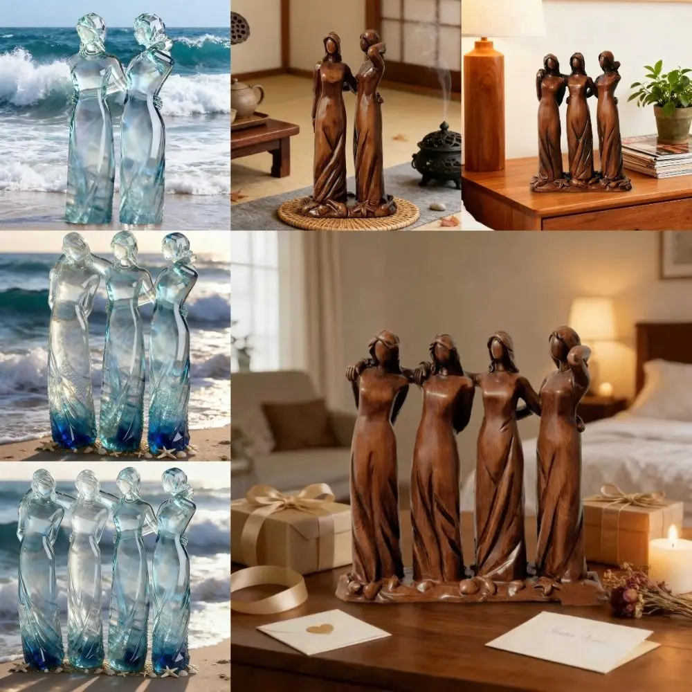 Imitation Wood-carved Three Sisters Figurine Two/Three/Four Sisters Ocean-Blue Gradient Friendship Sculpture Resin Hand-painted