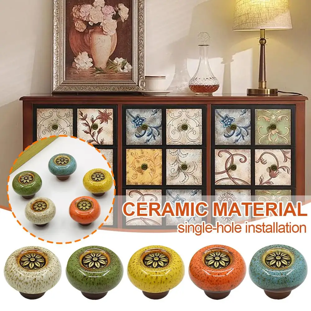 Ceramic Cabinet Knob Green Speckled Floral Design with Screw for Drawer Cupboard Furniture Upgrade DIY Home Decor