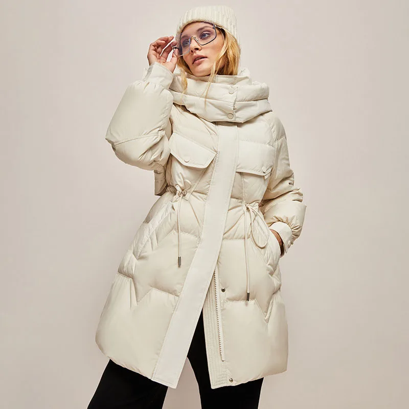 2024 Winter New Year's gown down jacket women wear waist slimming thicker hooded white duck down coat