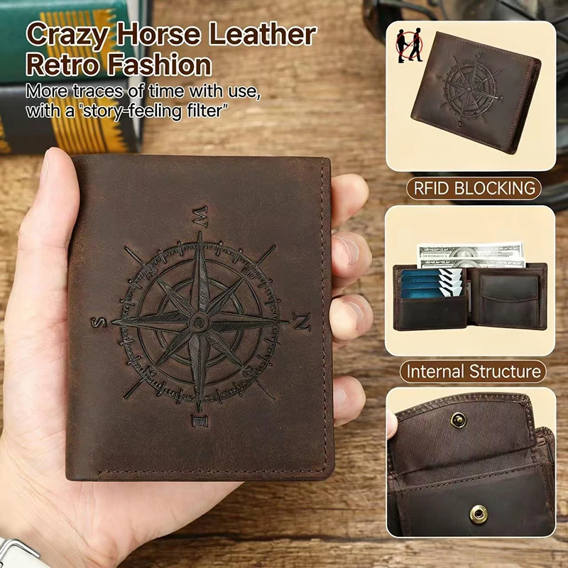 Modische Herren-Geldbörse aus Crazy Horse Leder mit Kompassmuster, RFID-Blockierung, Großer Kapazität, Kartenhalter und Geldklammer – Detail 9