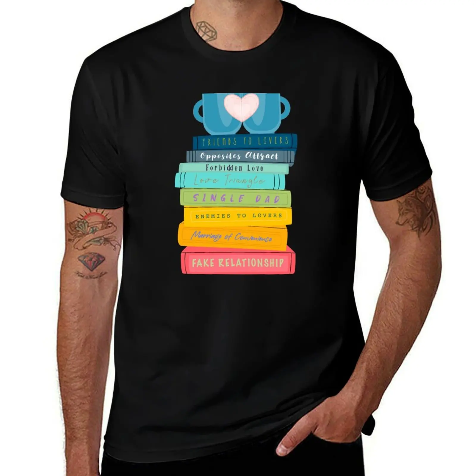 Rainbow Bookstack, TBR Pile, Romance Tropes,Coffee and Reading T-Shirt Holiday Party Tee Shirt T-Shirt