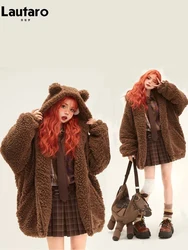 Lautaro-Kawaii Faux Fur Hoodie with Bear Ears for Women, Fluffy Sherpa Jacket, Oversized, Brown, Warm, Fuzzy, Sweet, Cute, Winte