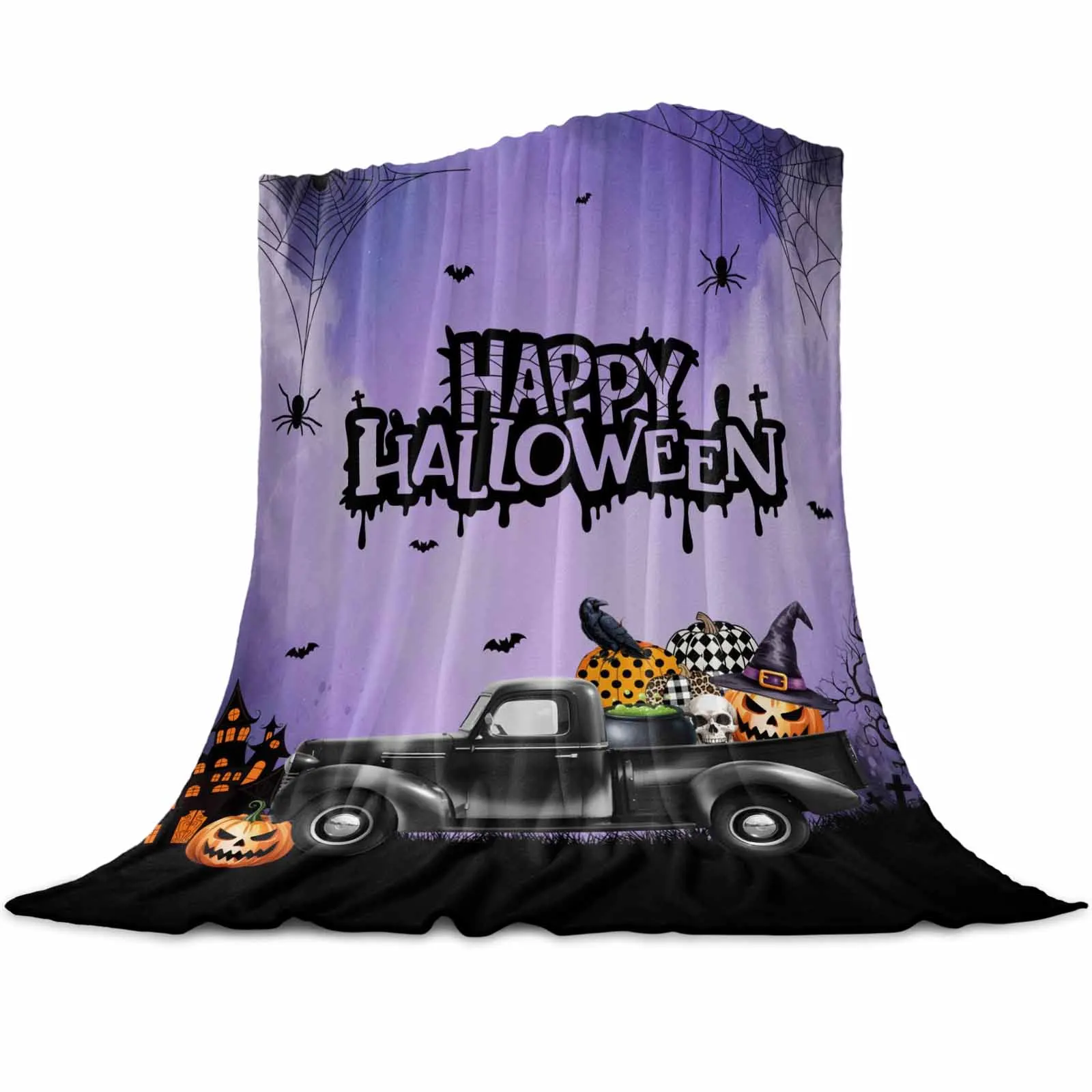 

Happy Halloween Skull Truck Throws Blankets for Sofa Bed Winter Soft Plush Warm Family Friends Holiday Gifts