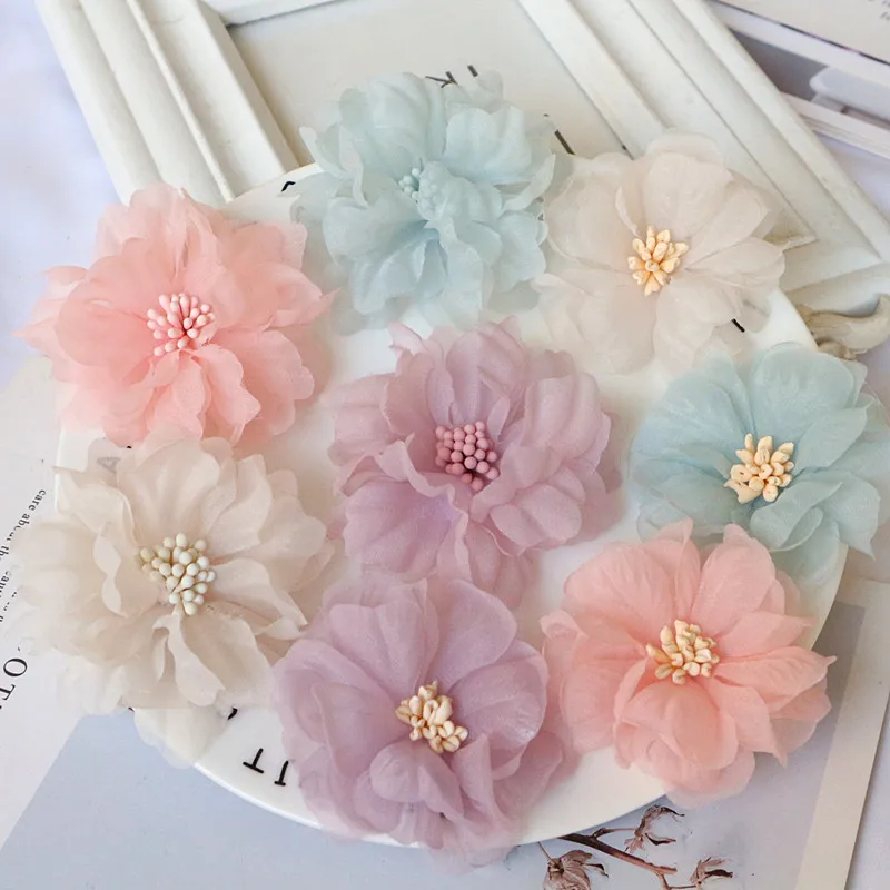 5PCS Chiffon Fabric DIY Flower Headwear Hat Dress Clothes Decoration Hair Accessories