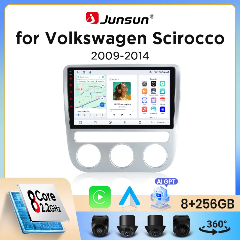 Image of Junsun kabelloses CarPlay Android Auto Autoradio für Volkswagen (VW) Scirocco Mk3 (Typ 13) 2008-2017 mit eingebautem Lüfter, Android GPS-Navigation, Multimedia-Player, WiFi, DSP, RDS, BT, SWC,
