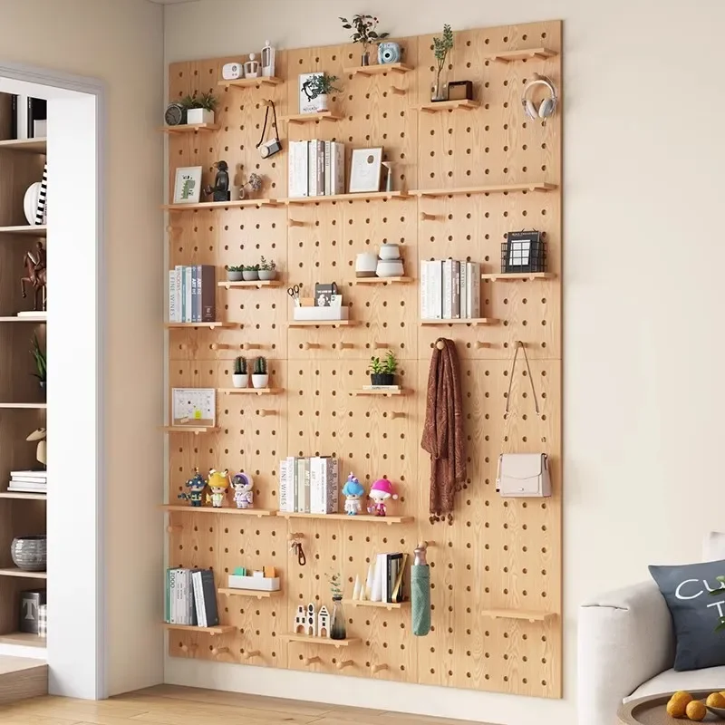 Custom Solid Wood Wall Shelf with Holes Decorative Storage Rack Wooden Bookshelf Display Board for Home Office