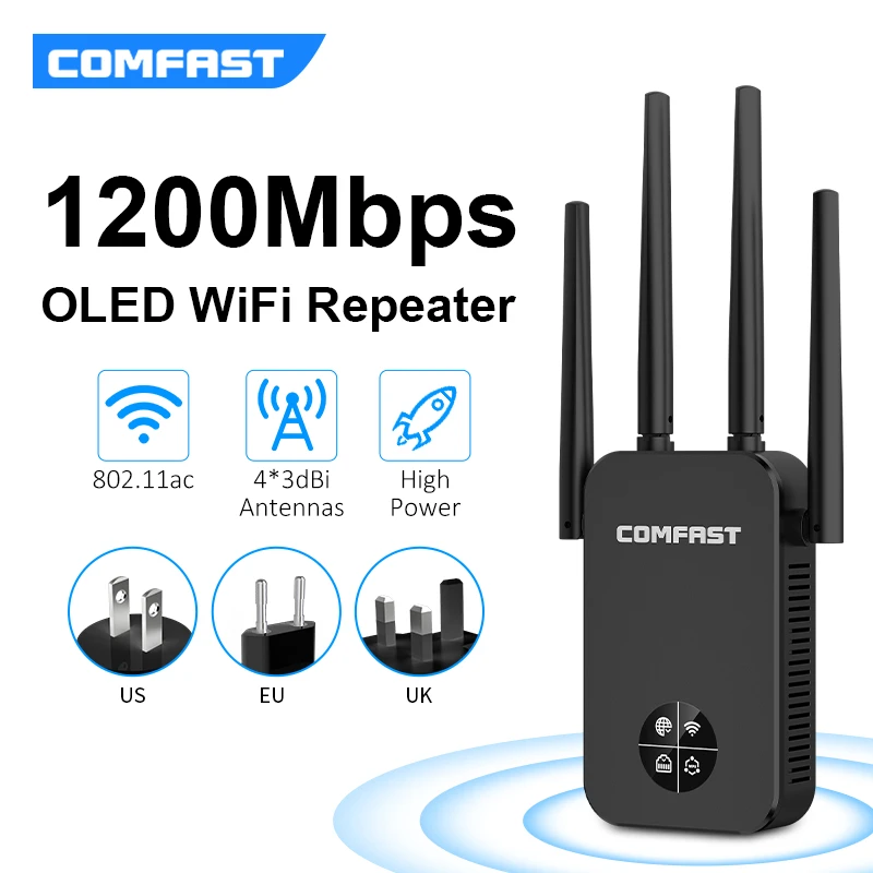 Repetidor De señal Wifi 5G AC1200 De 1200Mbps, Amplificador De pantalla Oled, 4 antenas, Wla Largo Alcance