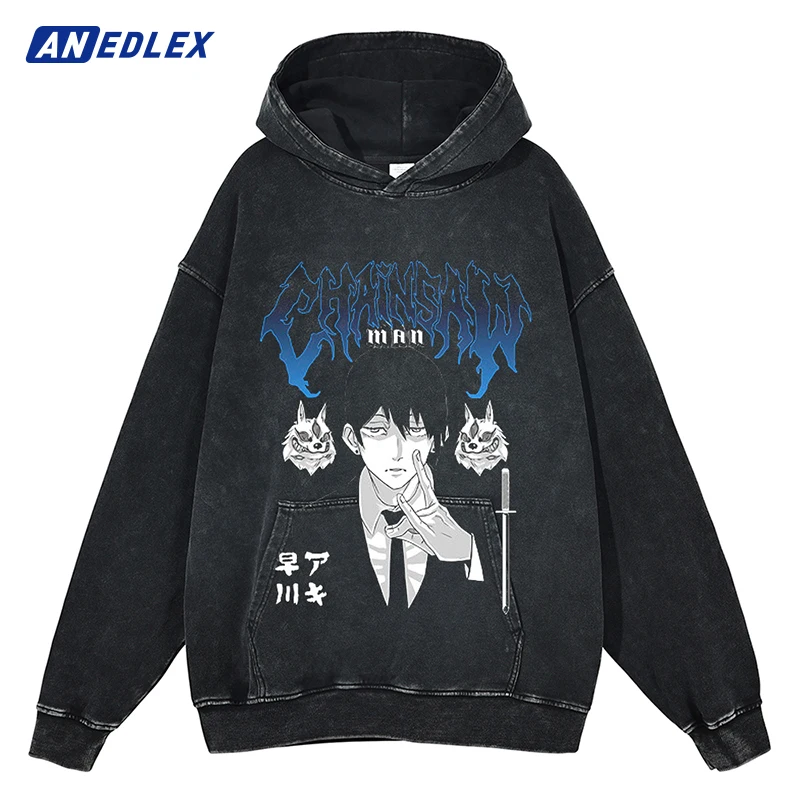 

Men Hip Hop Black Washed Hoodie Sweatshirt Japanese Anime Print Pullover Cotton Harajuku Streetwear Vintage Hooded Hoodie Unisex