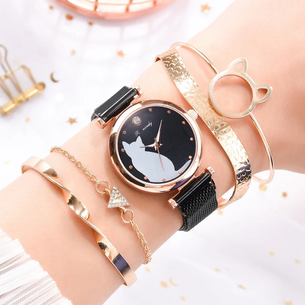 Fashion Watch Women Quartz Wristwatch Mesh Bracelet Cute Cat Dial Luxury Woman Watch Casual Ladies Clock Relogio Femenino