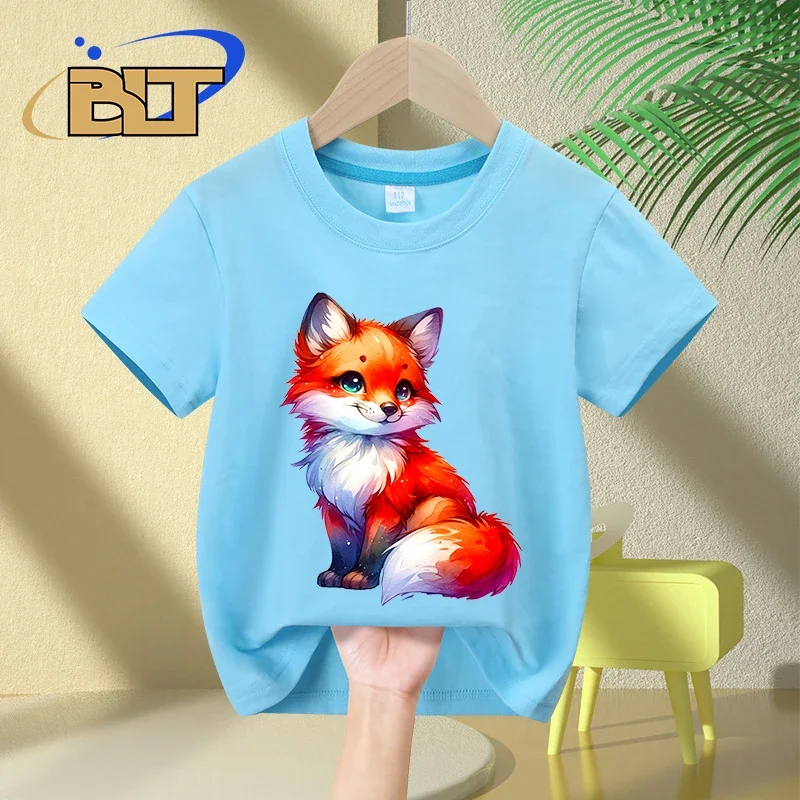 T-shirt de manga curta com estampa fofa raposa para crianças, algodão, aquarela, casual, para meninos e meninas