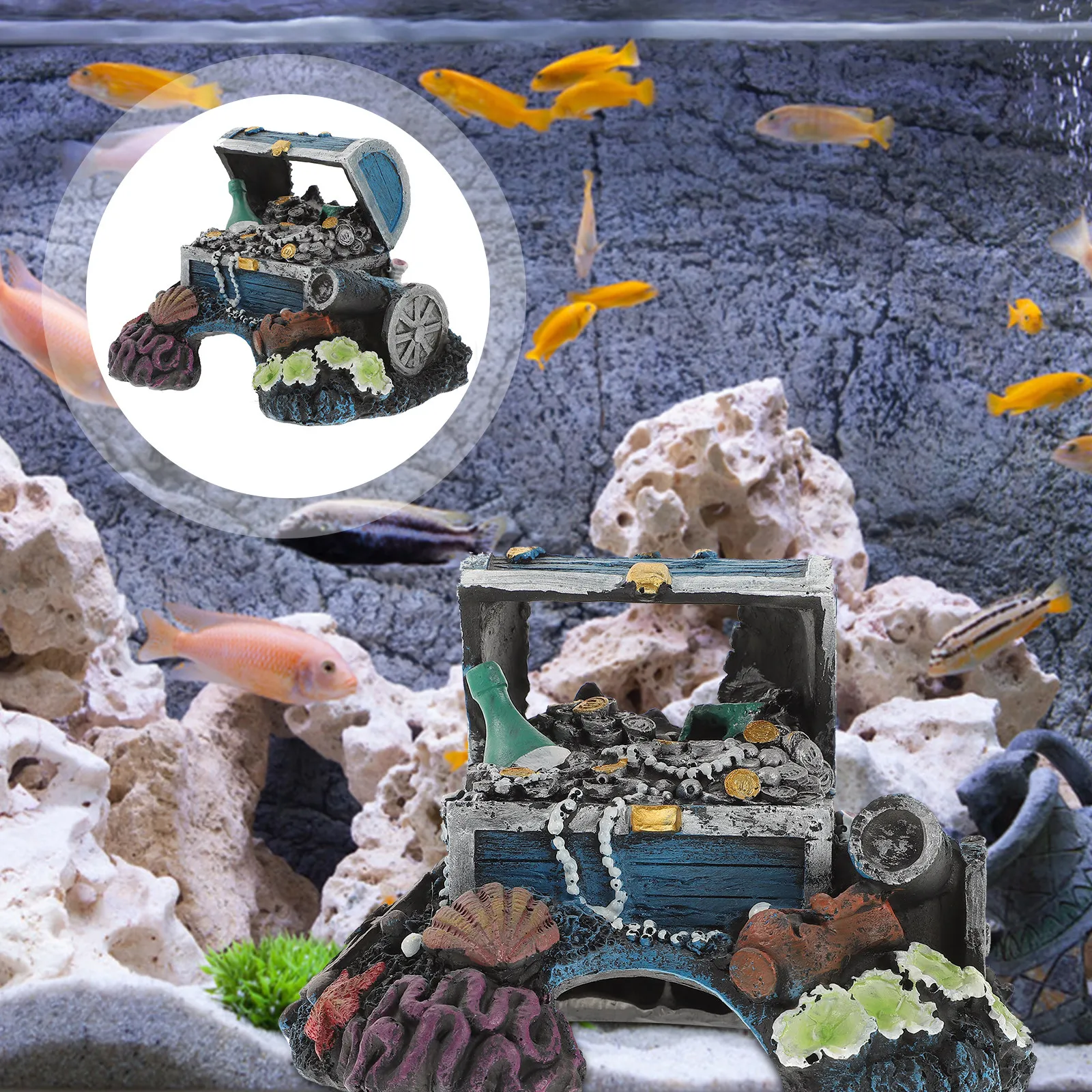 Resin Treasure Chest Aquarium Ornament Fish Tank Decoration Natural-Looking Fish Shelter Hiding Cave for Freshwater Saltwater