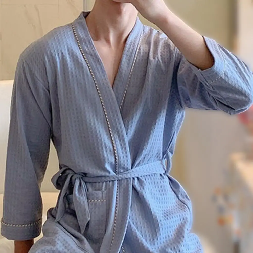 Men Nightgown Solid Color Long Sleeve V Neck Homewear Bathrobe Spring Autumn Pure Color Pockets Robe For Home Vestes