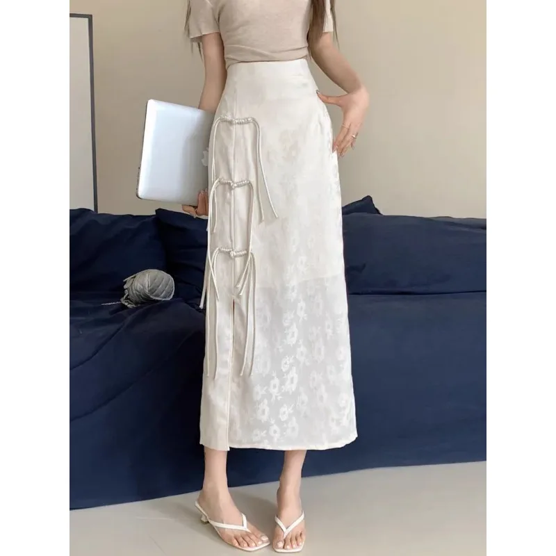 Women's Chinese Style Jacquard Midi Skirt High Waist Knot Button Split Bodycon Straight Skirt