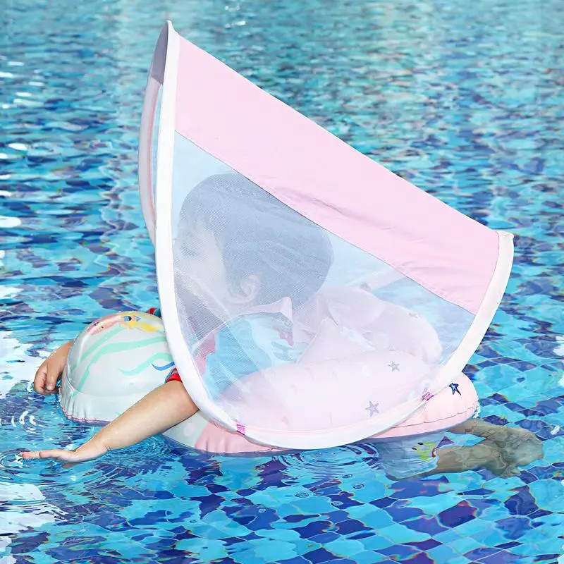 Baby Float With Canopy Inflatable Kids Swim Float With Canopy Safety Seat Adjustable UV Protection Swimming Rings For Boys Girls