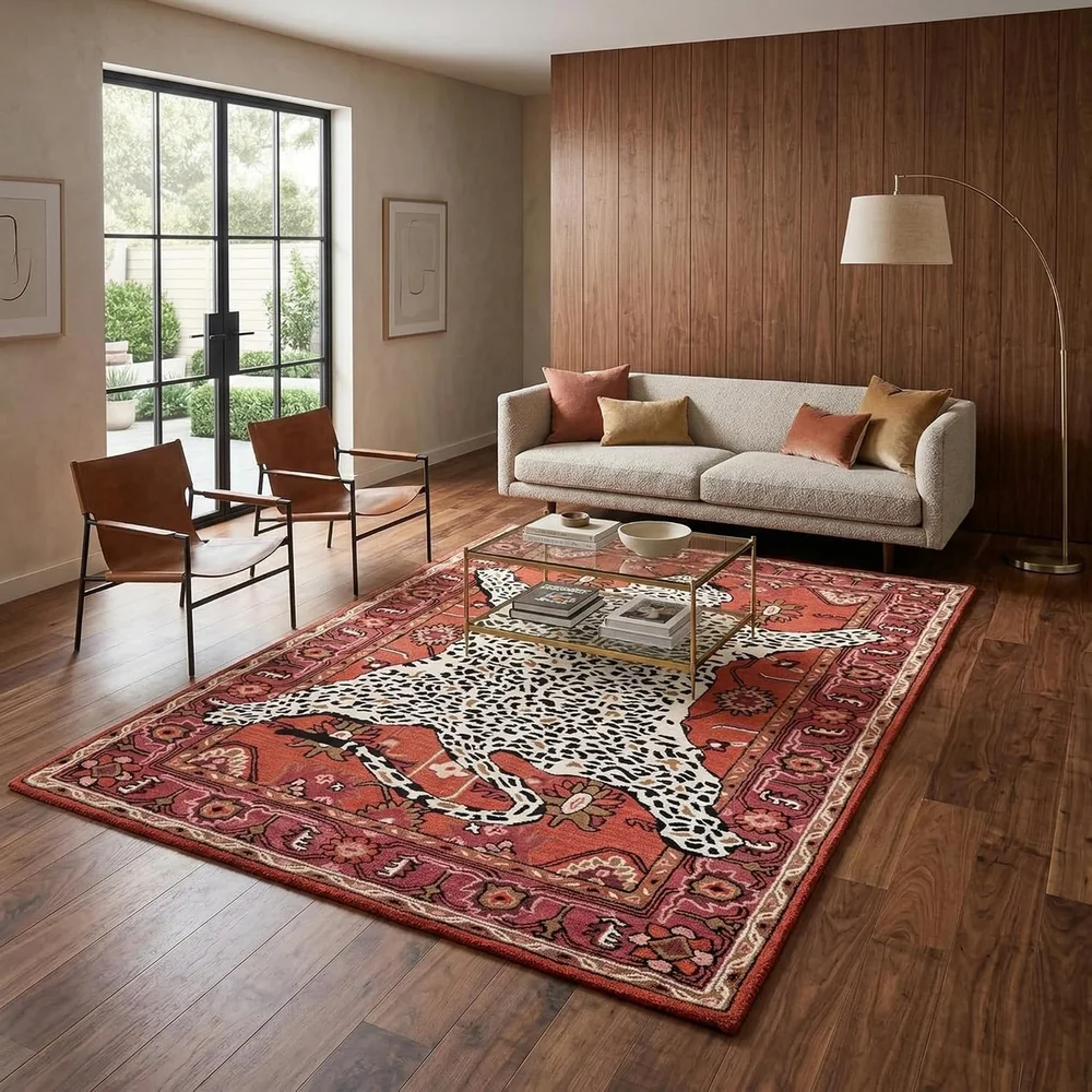 Extra Large Rust Leopard Wool Washable Area Rug Vintage Oushak Non Slip Thick Indoor Carpet for Living Room Bedroom