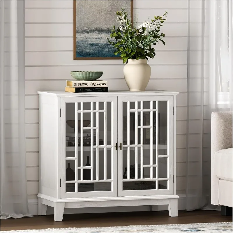 

Sideboard with storage, wooden storage cabinet with glass doors, white