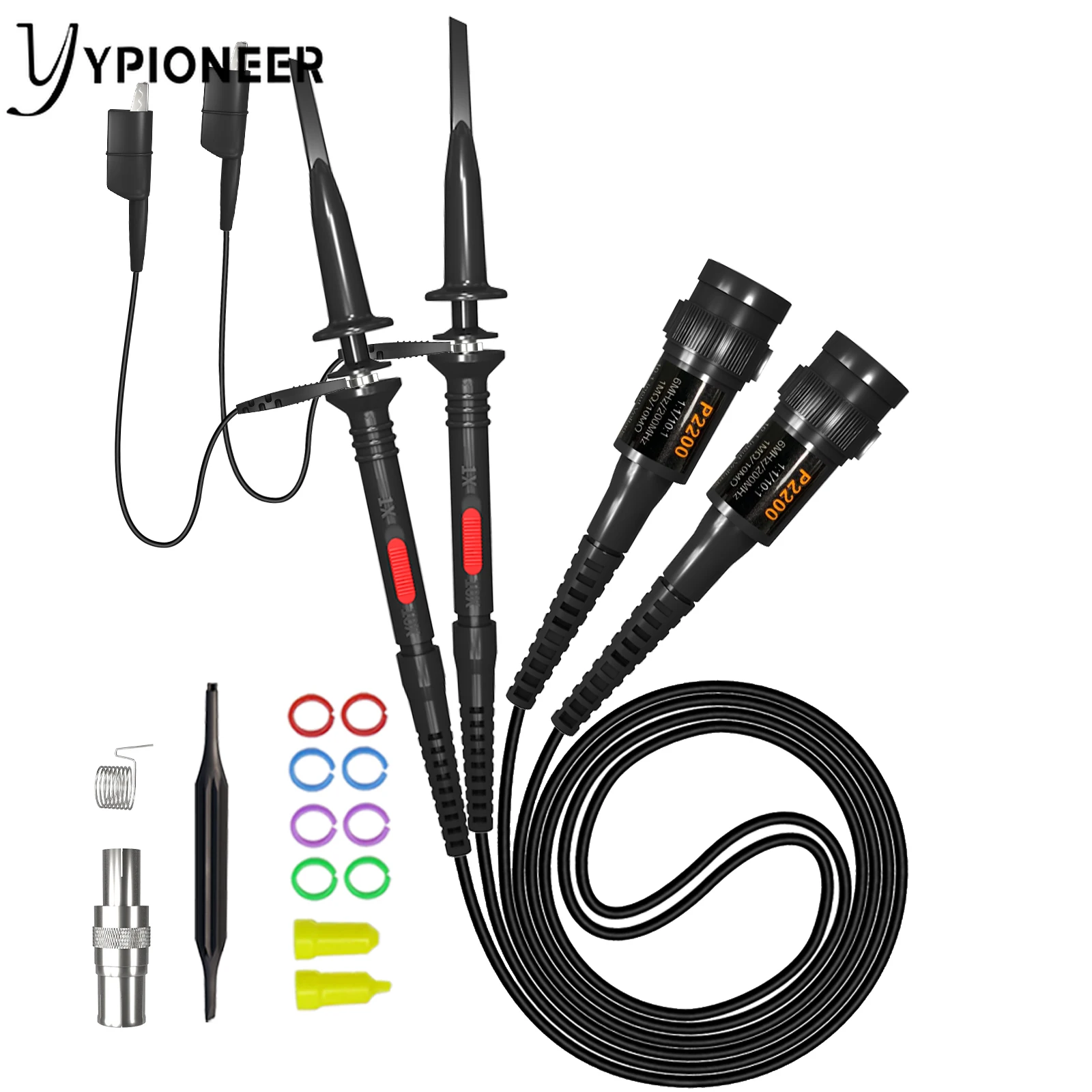 YPioneer P2200 2 szt. Sonda oscyloskopowa 100Mhz 200Mhz X1/X10 w pełni izolowana sonda końcowa BNC z zestawem akcesoriów
