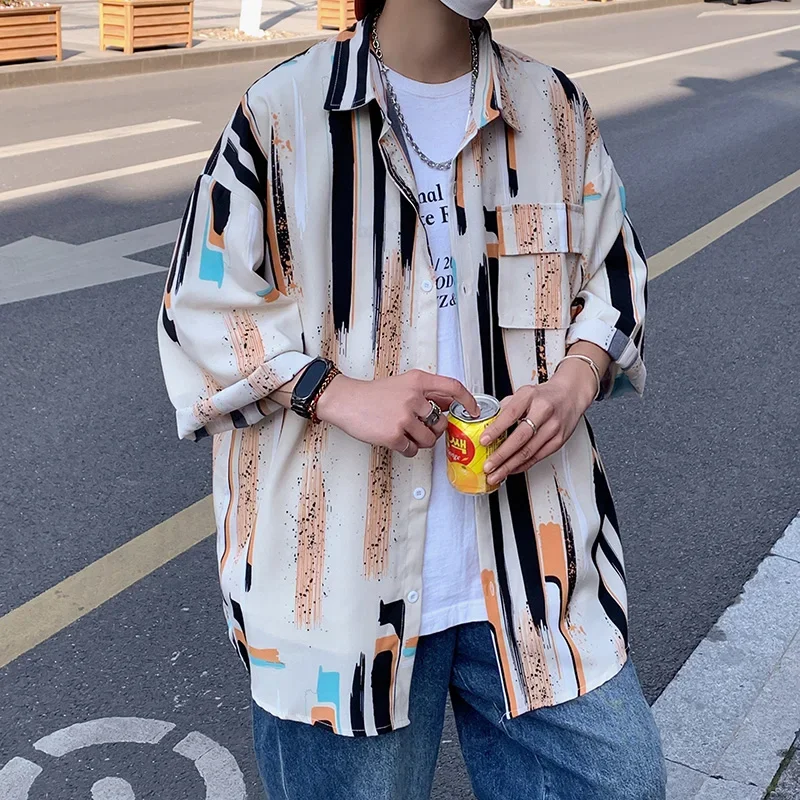 جديد 2025 الصيف التباين اللون قصيرة الأكمام قميص الرجال الكورية موضة فضفاضة مخطط قمصان رجالي عادية حجم كبير بلايز الرجال #3