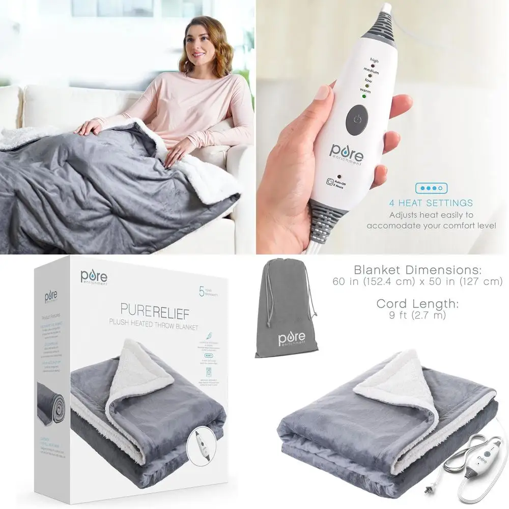

50x60 Soft Micromink Sherpa Heated Throw, 4-Setting InstaHeat, Machine Washable with Bag - Cozy Couch or Bed Blanket