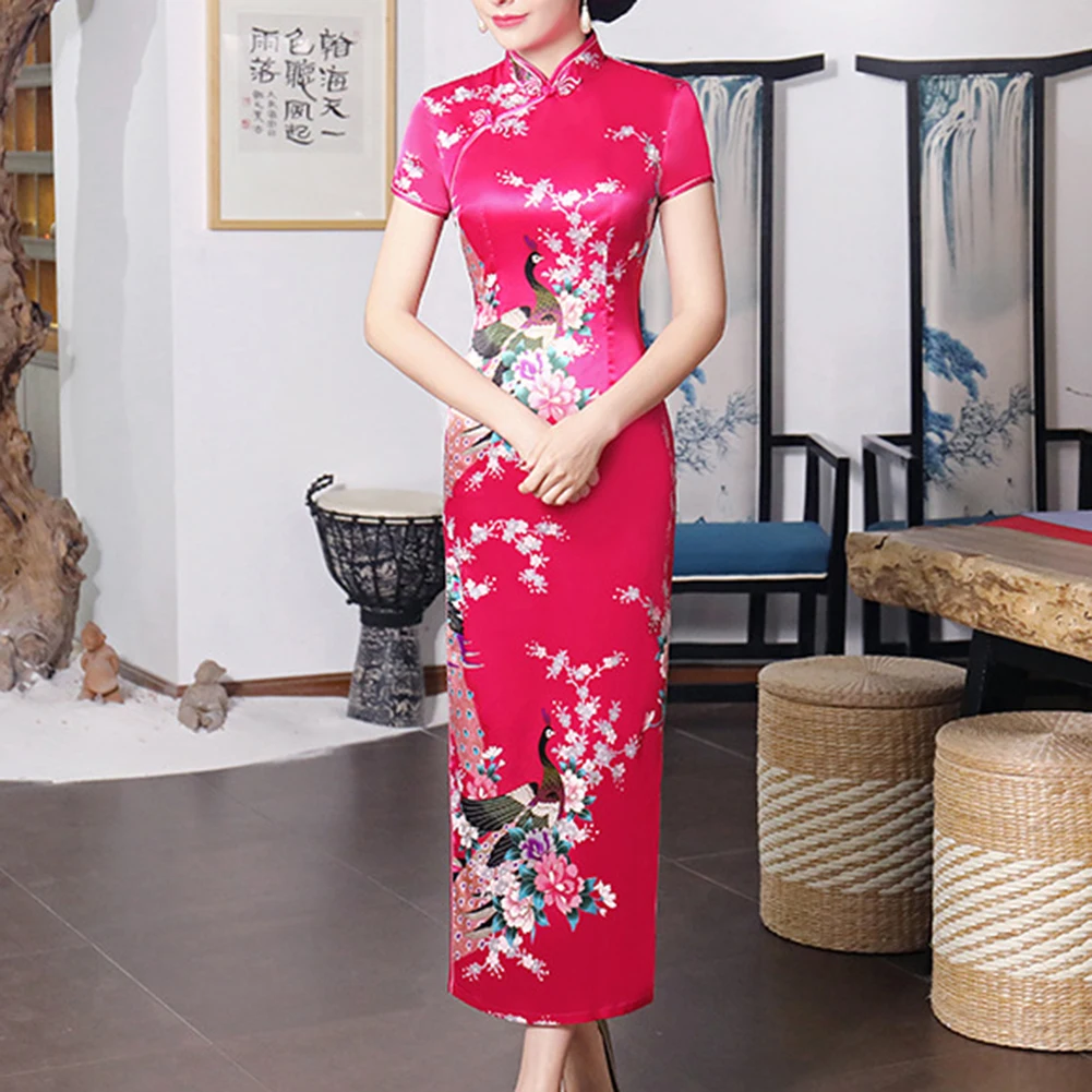 Casual Spring Satin Dress Chinese Cheongsam Print Flower S-3XL Solid Color 1pcs Cardigan No Elasticity Polyester Women