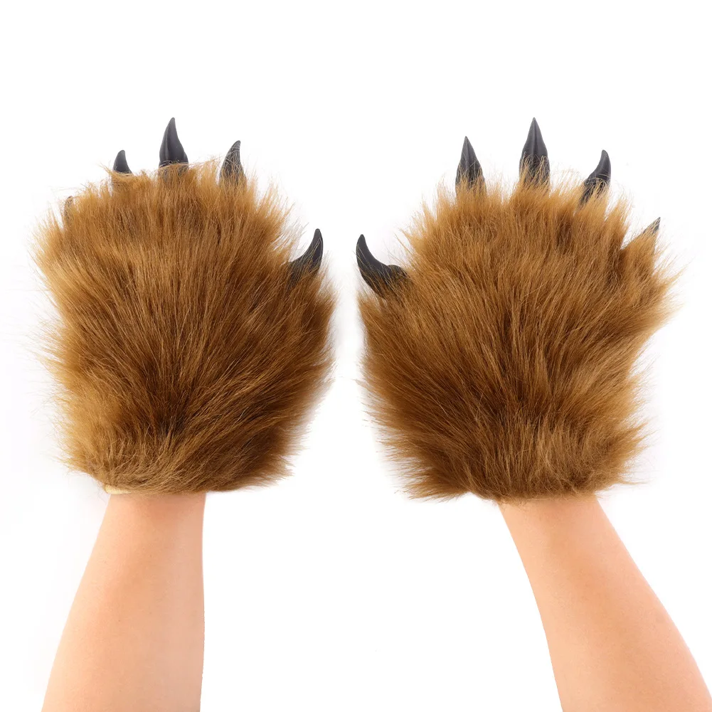 Plush Animal Paw Gloves 3D Sharp Nail Beast Palm Winter Warm Wearable Gloves Halloween Cosplay Fancy Party Costume Accessories