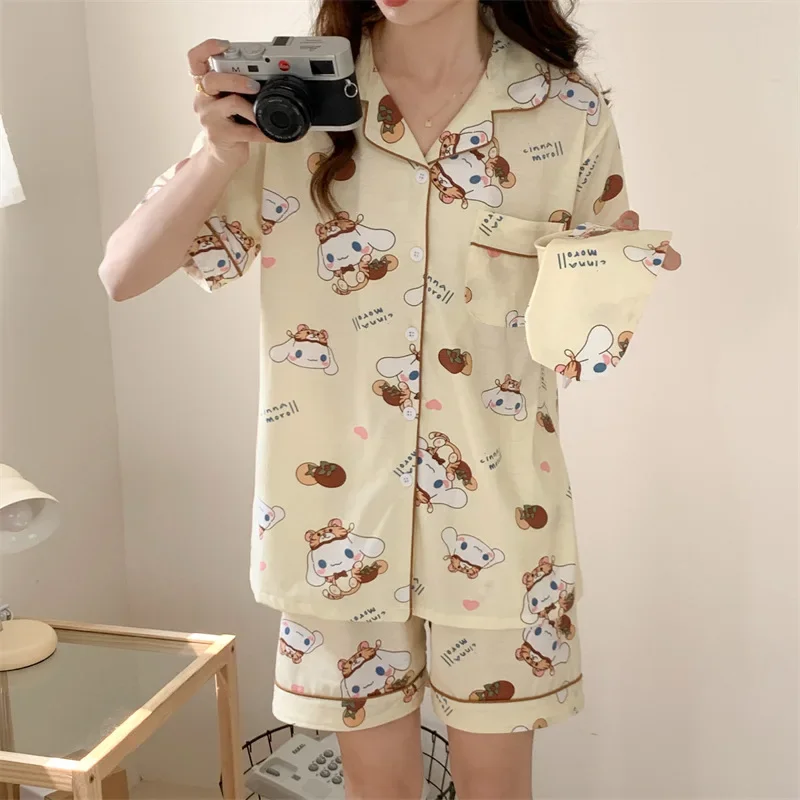 Sanrio Cinnamoroll Babycinnamoroll Summer Cotton Short Sleeve Two-Piece Set Women\'s Pajamas Silk Pajamas Women\'s Sleepwear Suit