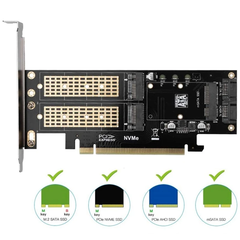 TTKK kartu adaptor SSD 3 dalam 1, NVME ke Pcie 16X/M.2 SATA SSD ke SATA III ke konverter SATA + 2 kabel SATA