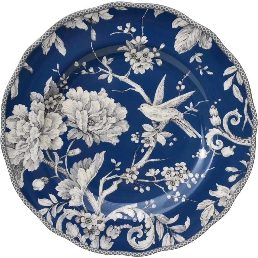 مجموعة أواني طعام من البورسلين باللون الأزرق الداكن مكونة من 16 قطعة من ألياف ألواح مكونة من 4 أطباق ومجموعة أكواب بتصميم الطيور والزهور للاستخدام اليومي #5