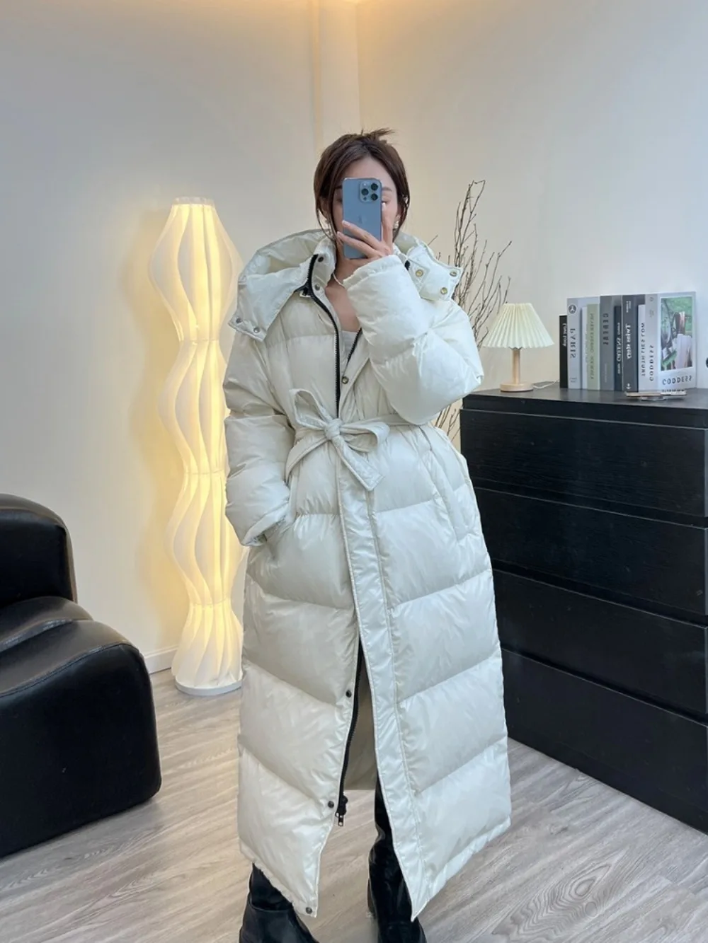 Women\'s Down Jacket Women Casual Thick Long Duck Down Puffer Coat Hooded Female Waterproof Parkas with Sashes Outwear