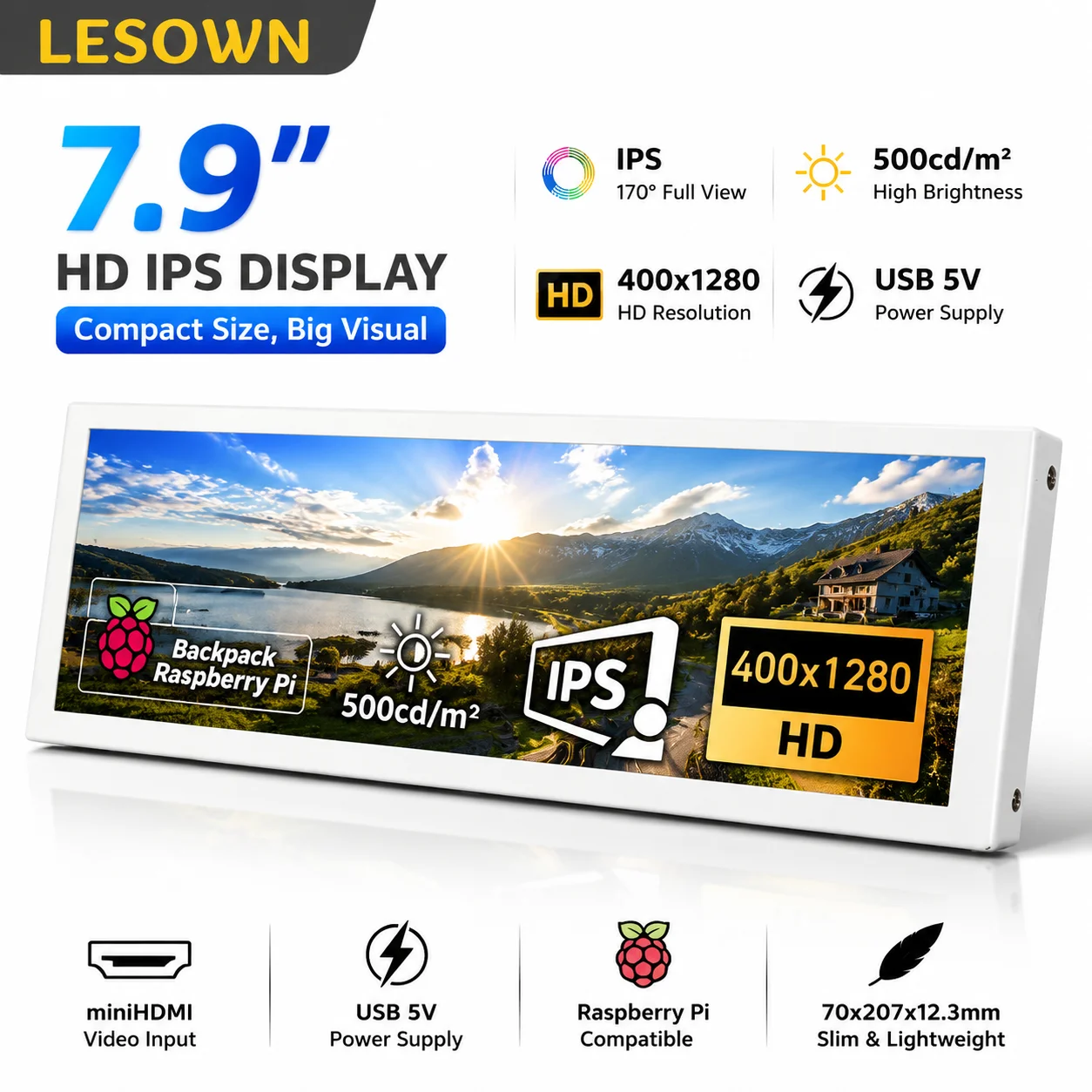 LESOWN 400x1280 PC Hardware Status Display 7.9' Stretched White Monitor MiniHDTV Aluminum Sub Screen for Computer Chassis Mod