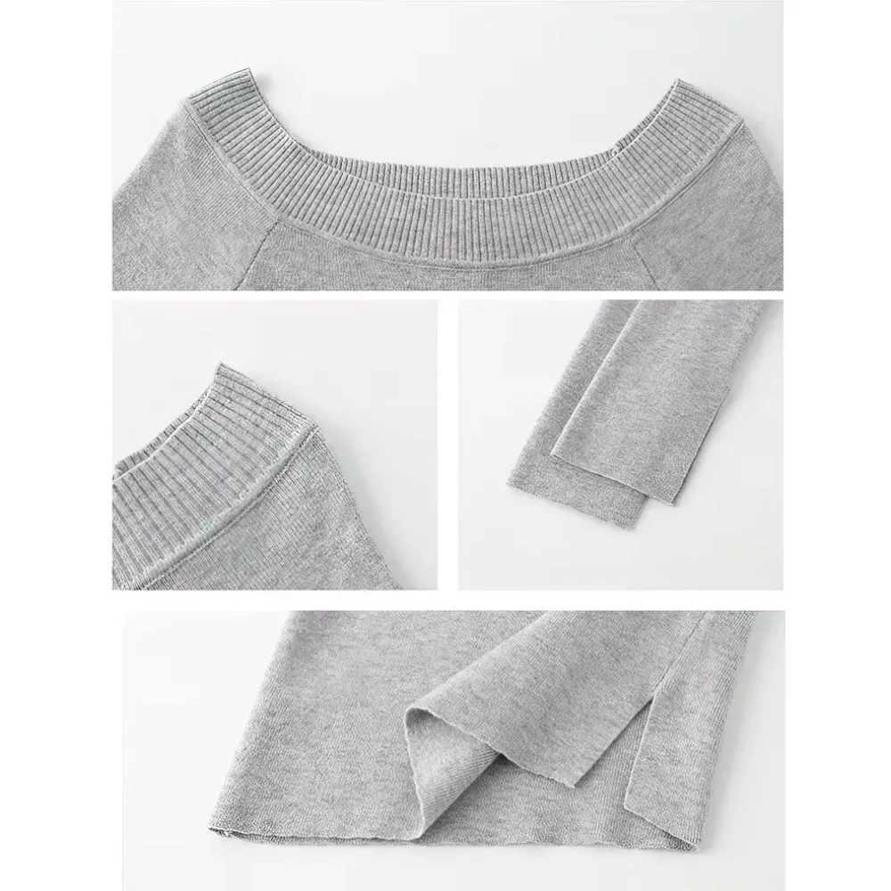 

Fashion Off shoulder Long sleeve T shirt Side Slit Knitted Fitted Basic Tee Slim Fit Cropped Design Pullovers
