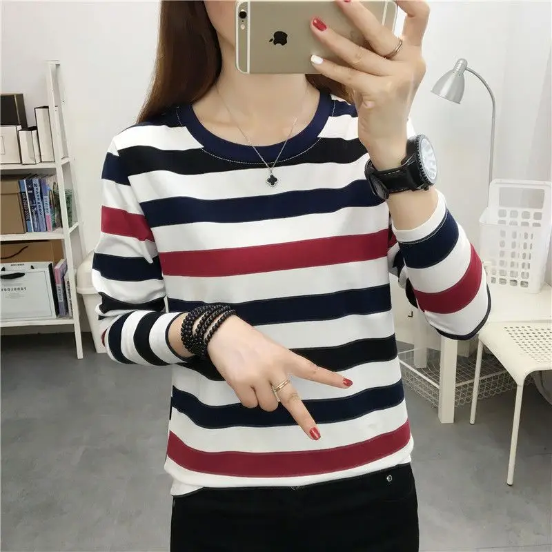 Office Lady Round Neck Striped Long Sleeve Pullover Women\'s Clothing T-shirt Casual Spring Autumn Contrast Color All-match Tops