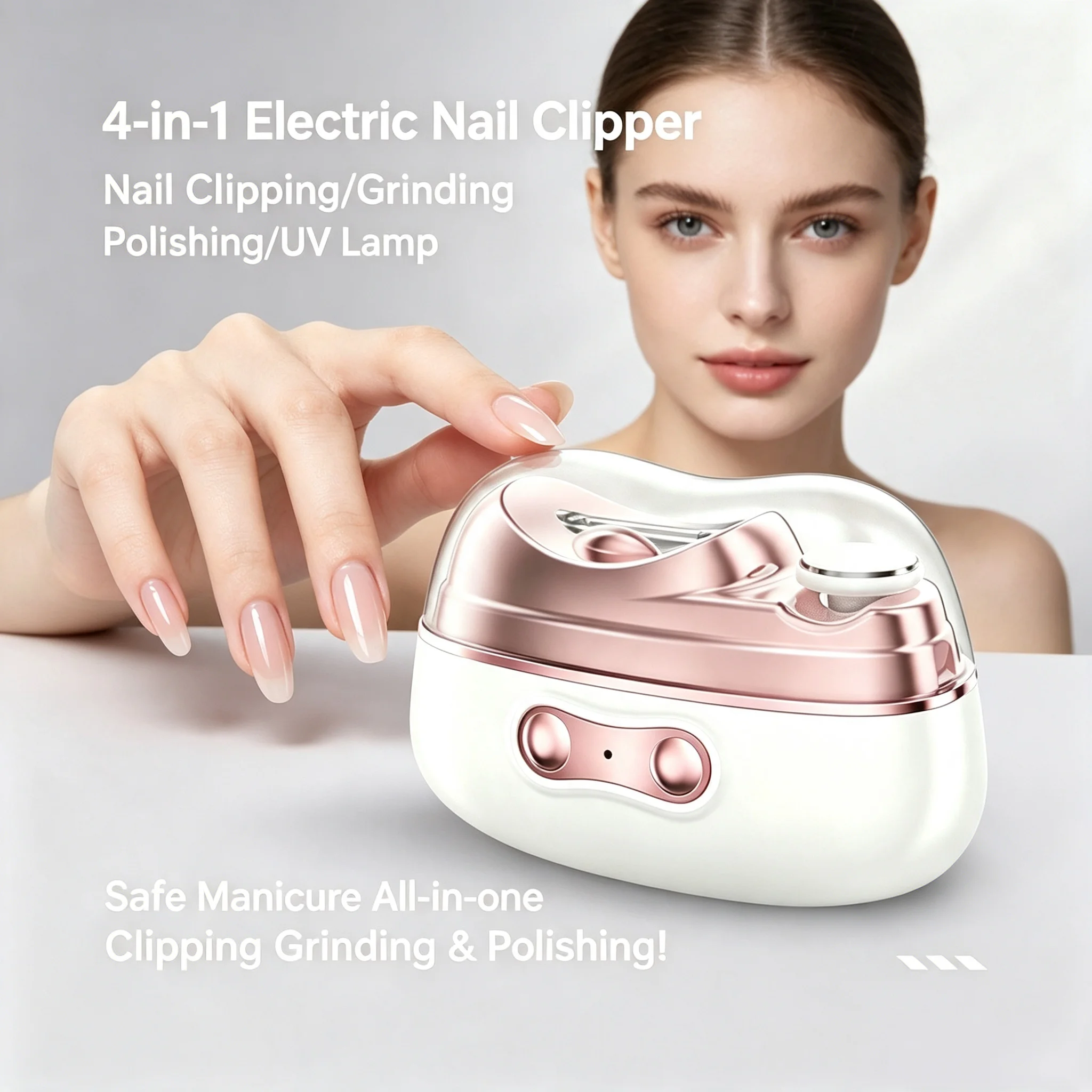 All-in-one 4-function electric nail clipper , offers cutting, grinding, polishing and UV curing. pocket portable manicure tool.