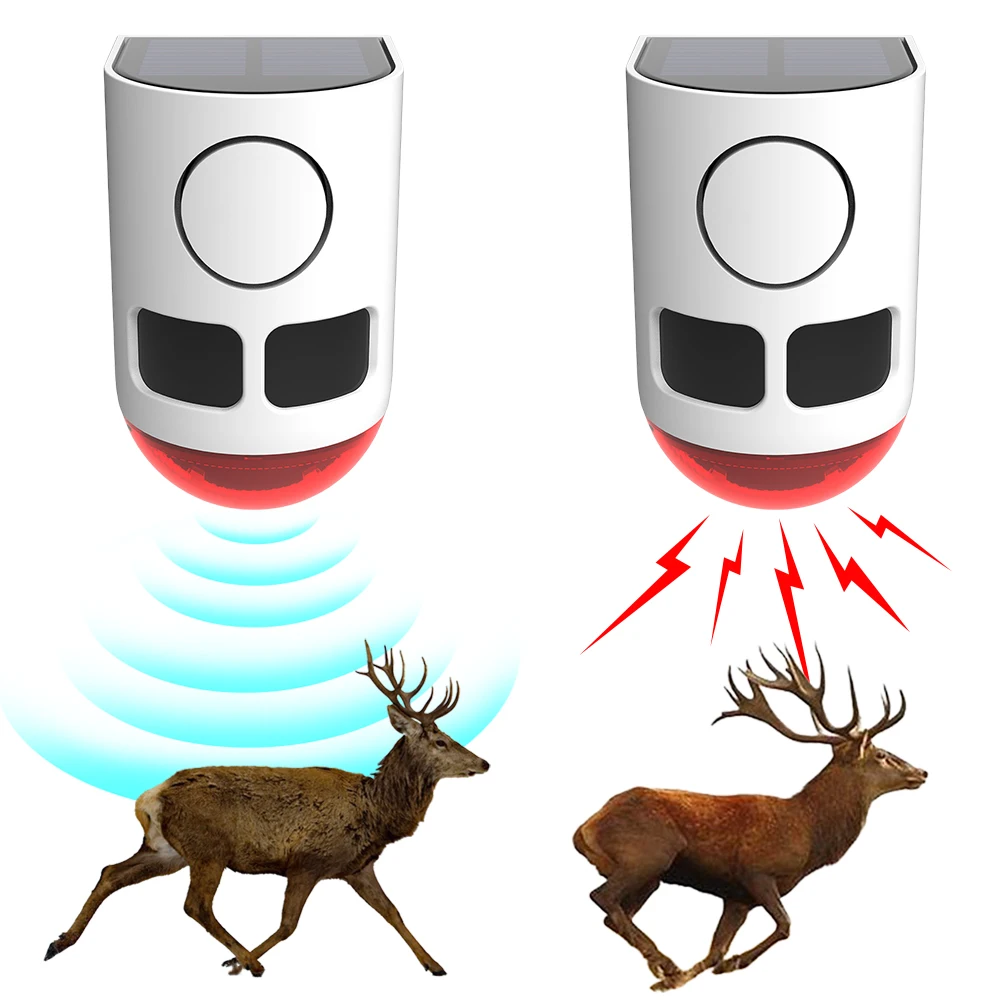 

Solar Outdoor Motion Sensor Alarm Home Security Alarm with Strobe Light Animal Repeller To Deter Raccoon Deer Skunk Bear Coyote