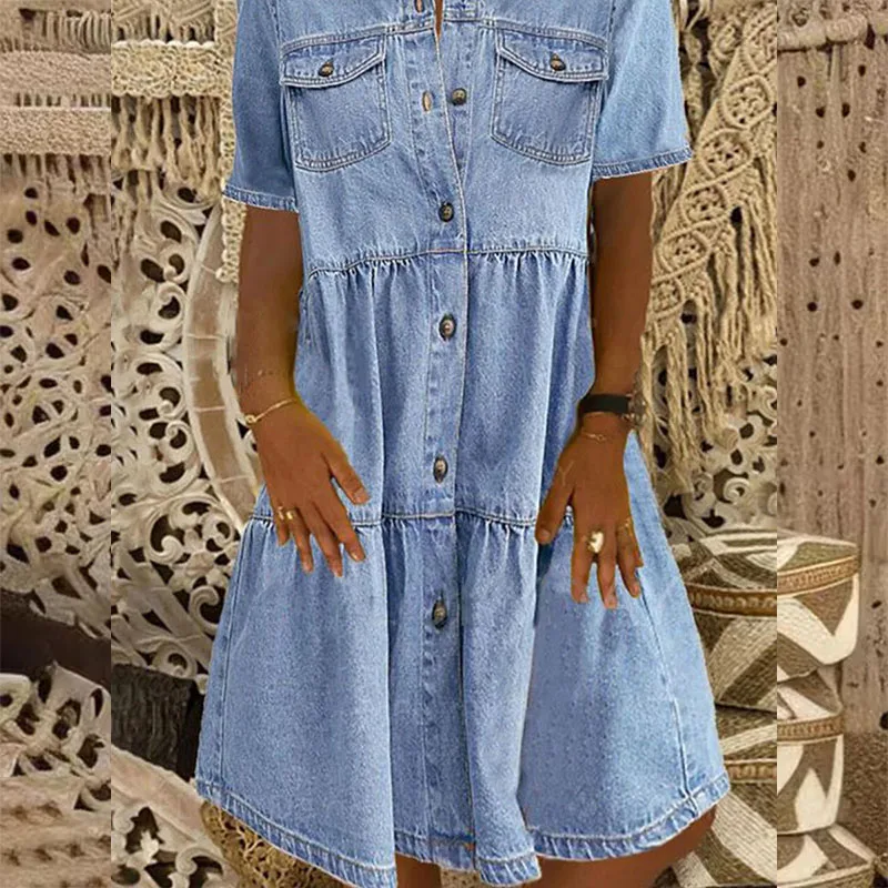 Mini camicia estiva da donna elegante Abito blu da spiaggia Vestito estivo Casual Allentato Manica corta Abiti monopetto Abiti da donna