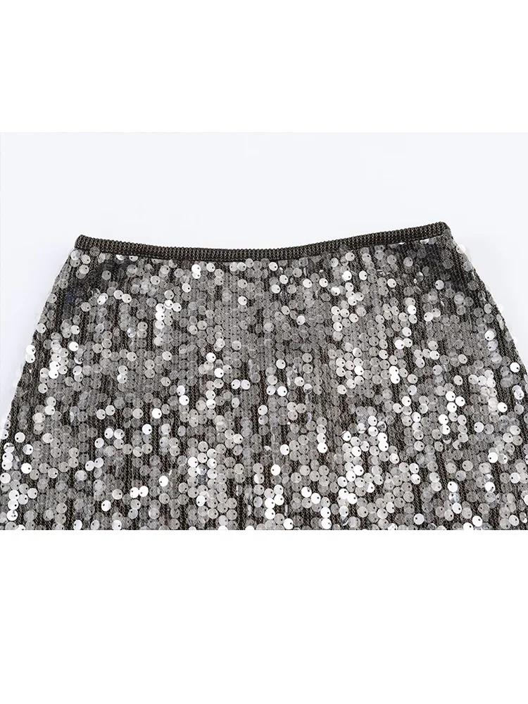 HH frauen Elegante Glänzende Pailletten Spitze Splice Dekorative Dünne Rock Mode Weibliche Chic Hohe Taille Schlitz Saum Langen Rock mujer
