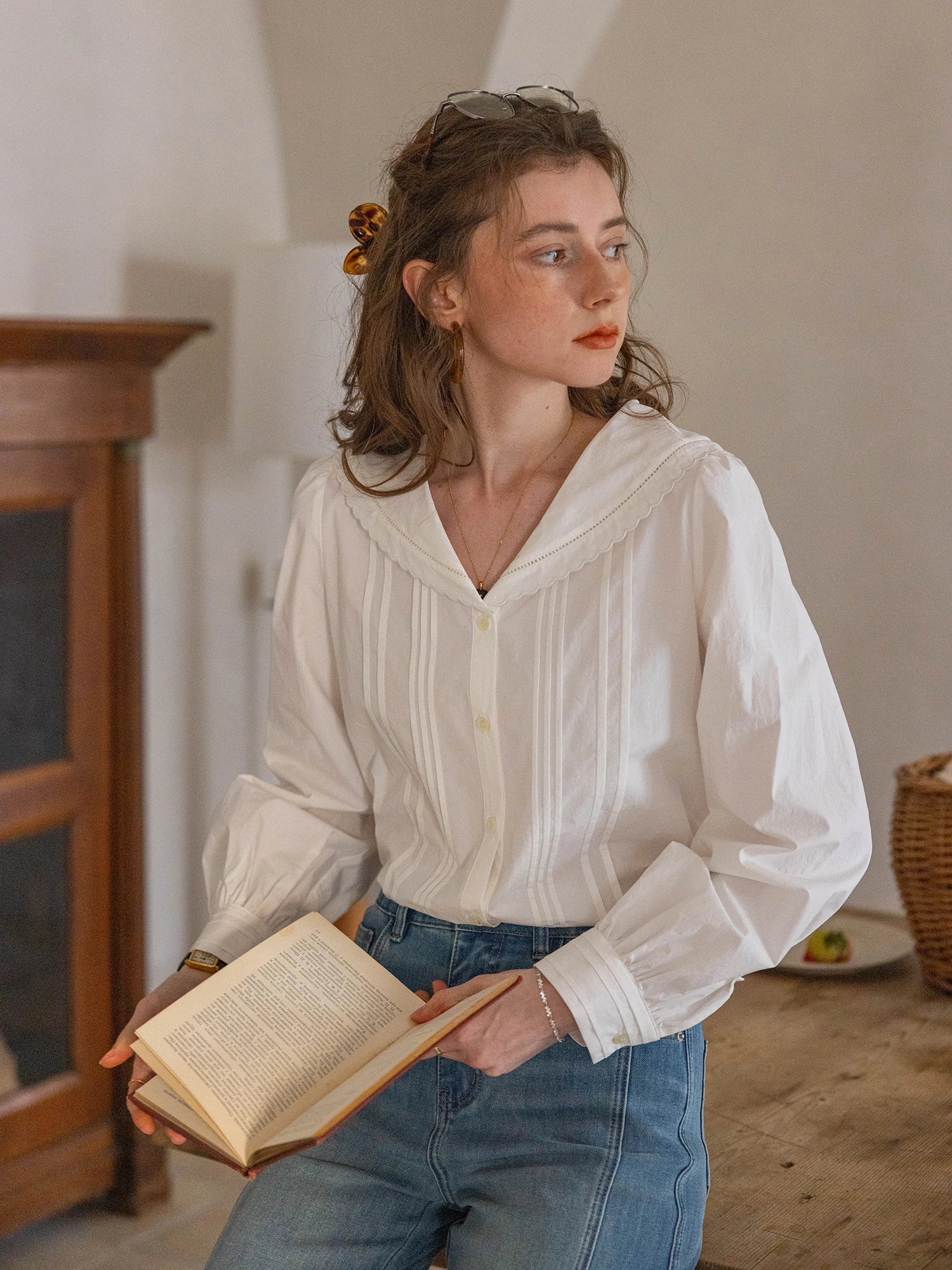 

Haiyan Bin Island Navy Collar Embroidered Wave Tuck Long Sleeve Shirt Top French Style Loose Fit Cotton Breathable