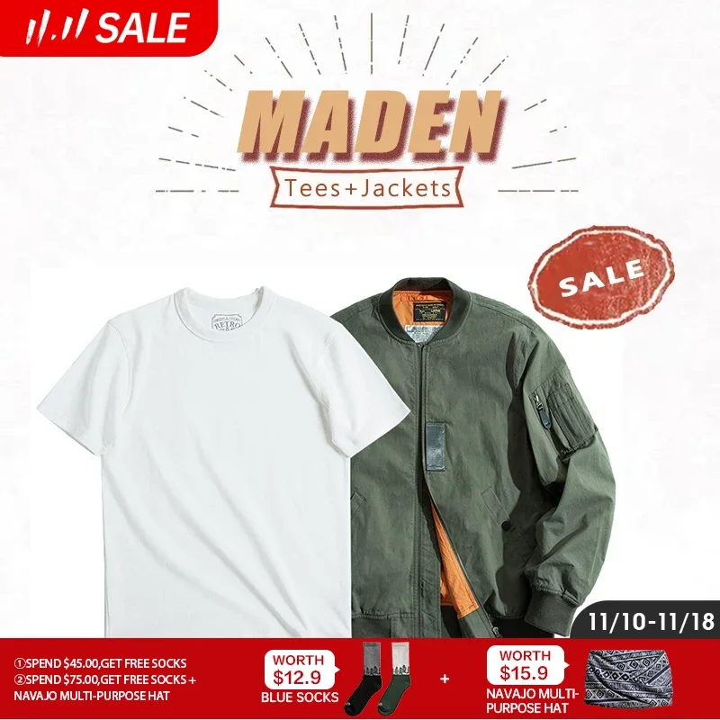 

Maden Men's MA-1 Flight Bomber Jackets and T-shirts Vintage Air Pilot Jacket Green Baseball Suit Coat 2 Piece Tops