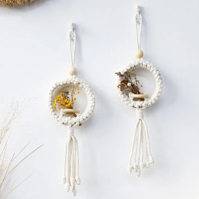 Handwoven Cotton Rope Artificial Wall-hanging Flower Basket Rustic-style Vintage Hanging Decoration Suits Bedroom Living Room