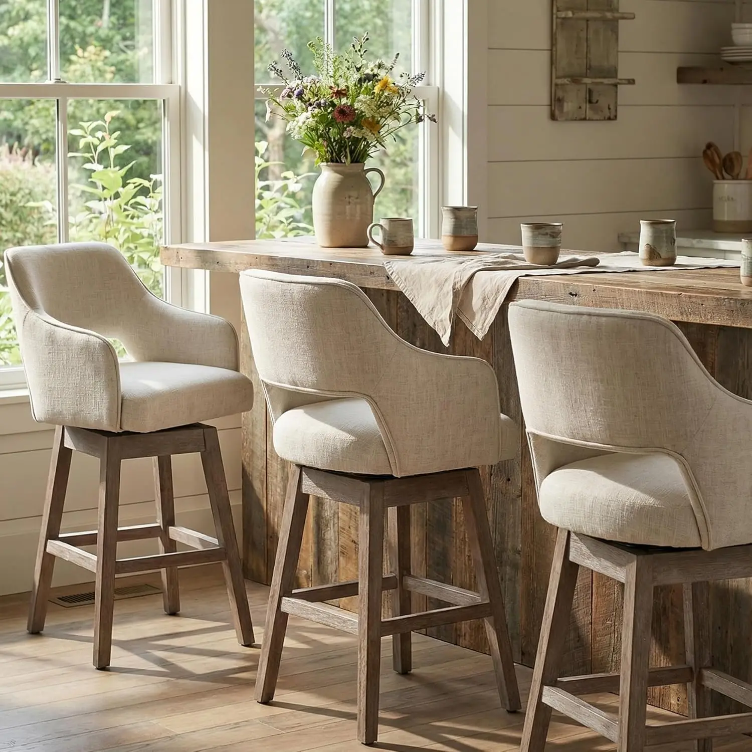 

360°Swivel Bar Stools Set of 3, 27" Farmhouse Counter Height Barstools with Back and Wood Legs, Linen Upholstered, Customized