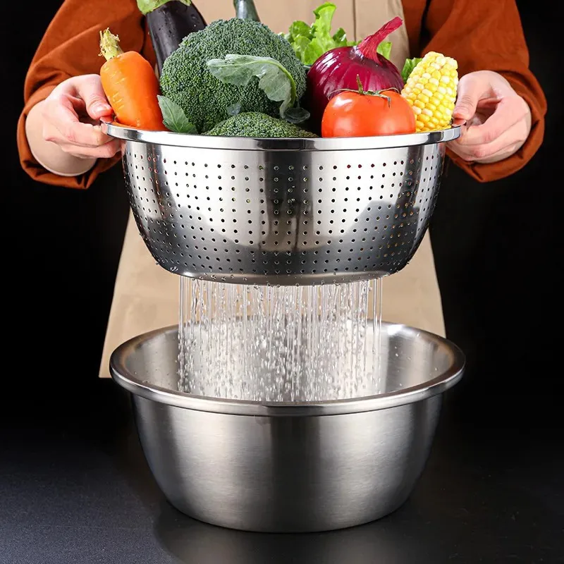 Stainless Steel Salad Egg Mixing Bowls Soup Bowl Drain Basket Washing Vegetables Basin Kitchen Utensils