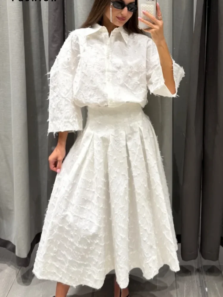 

Summer Tassel Shirt Skirt Set For Women Elegant White Loose High Waist Pleated Maxi Skirts Suits 2025 Office Lady Street Outwear