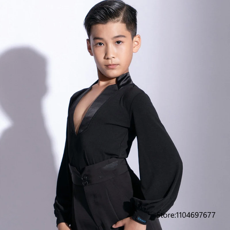 Latin Dance Top for Children and Boys, Long Sleeved Deep V-neck Mesh Shirt, Cha Cha Rumba Training Clothes, Ballroom Dance Pract